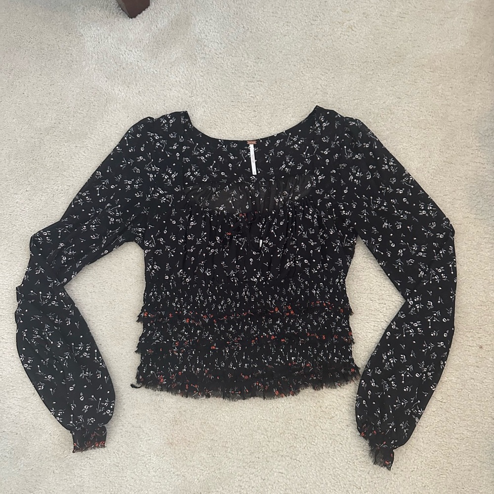 free people long sleeve square neck top scrunched waist tie accent at bust
